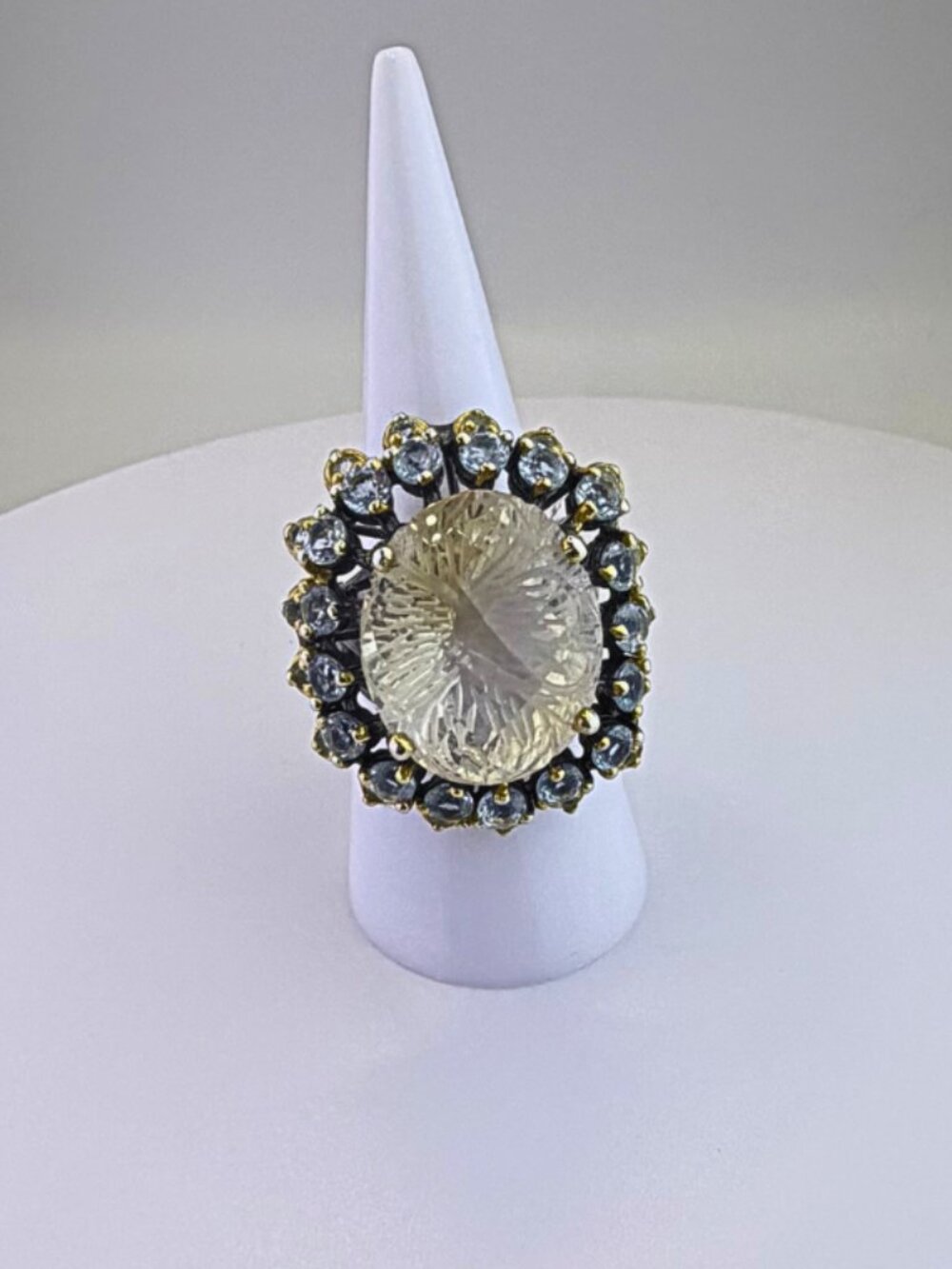 Handmade Quartz Topaz Halo Ring 925 Silver 14k Gold Size 7.5 Resizable